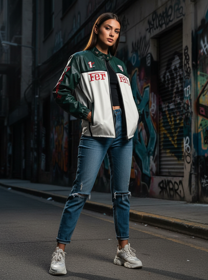 Dark Green Faux Leather Racing Jacket